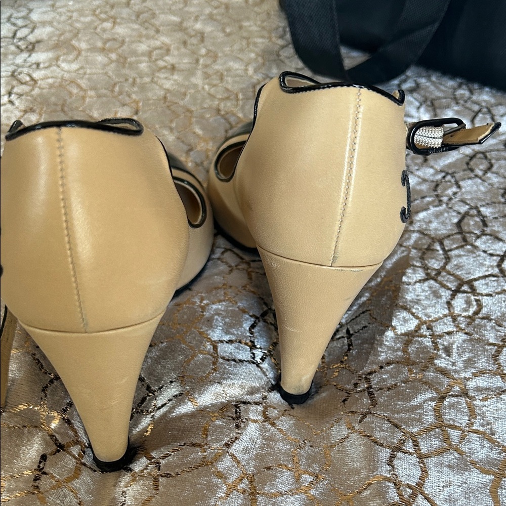 CHANEL Beige and Black Cap-Toe Mary Jane Heels - Picture 7 of 9